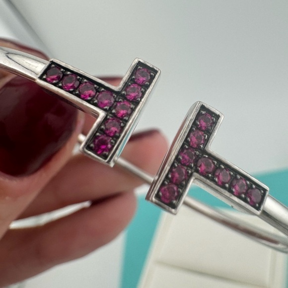 Tiffany & Co. 18k Ruby Tiffany T Square Bracelet Bangle in White Gold - Picture 1 of 7